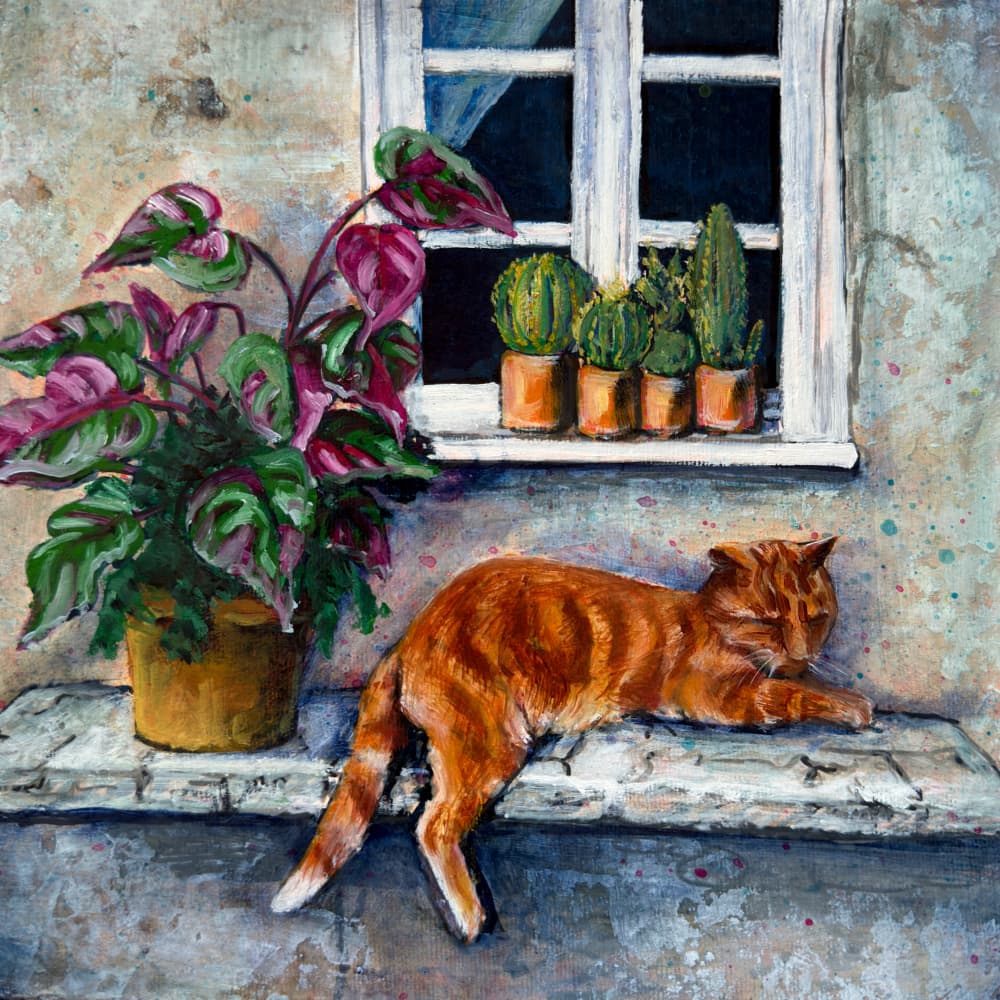 Orange Cat Window Nap by Renee Machan Cottagecore Artist — canvas wall art