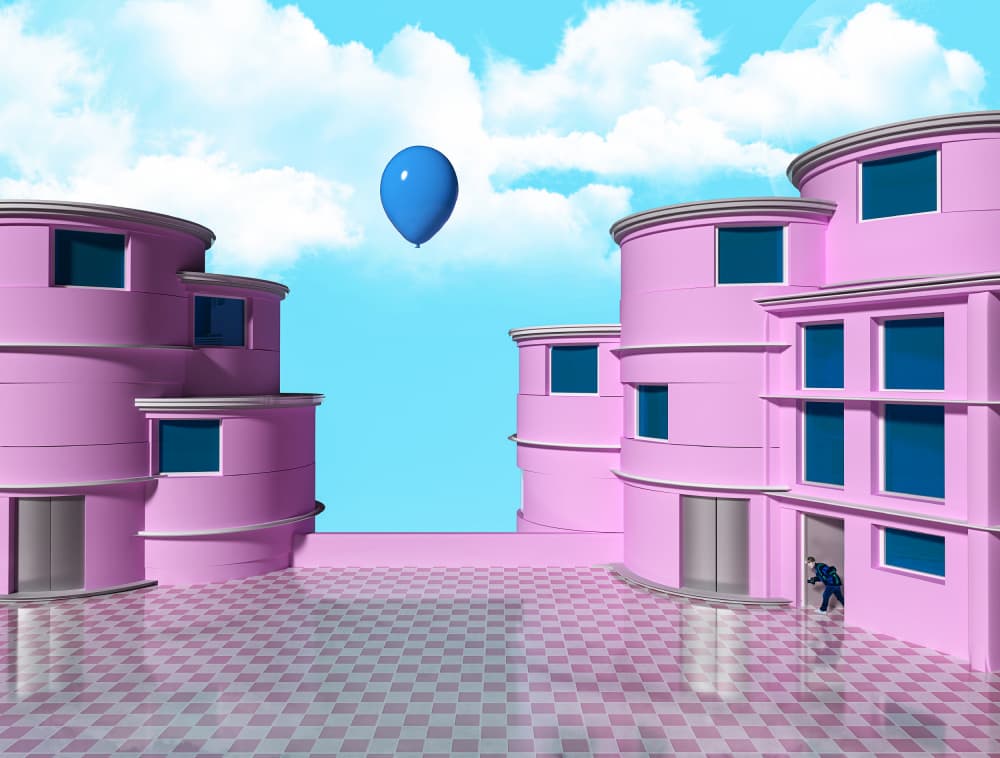 Pink City Blue Balloon by Michael Allmaier — canvas wall art