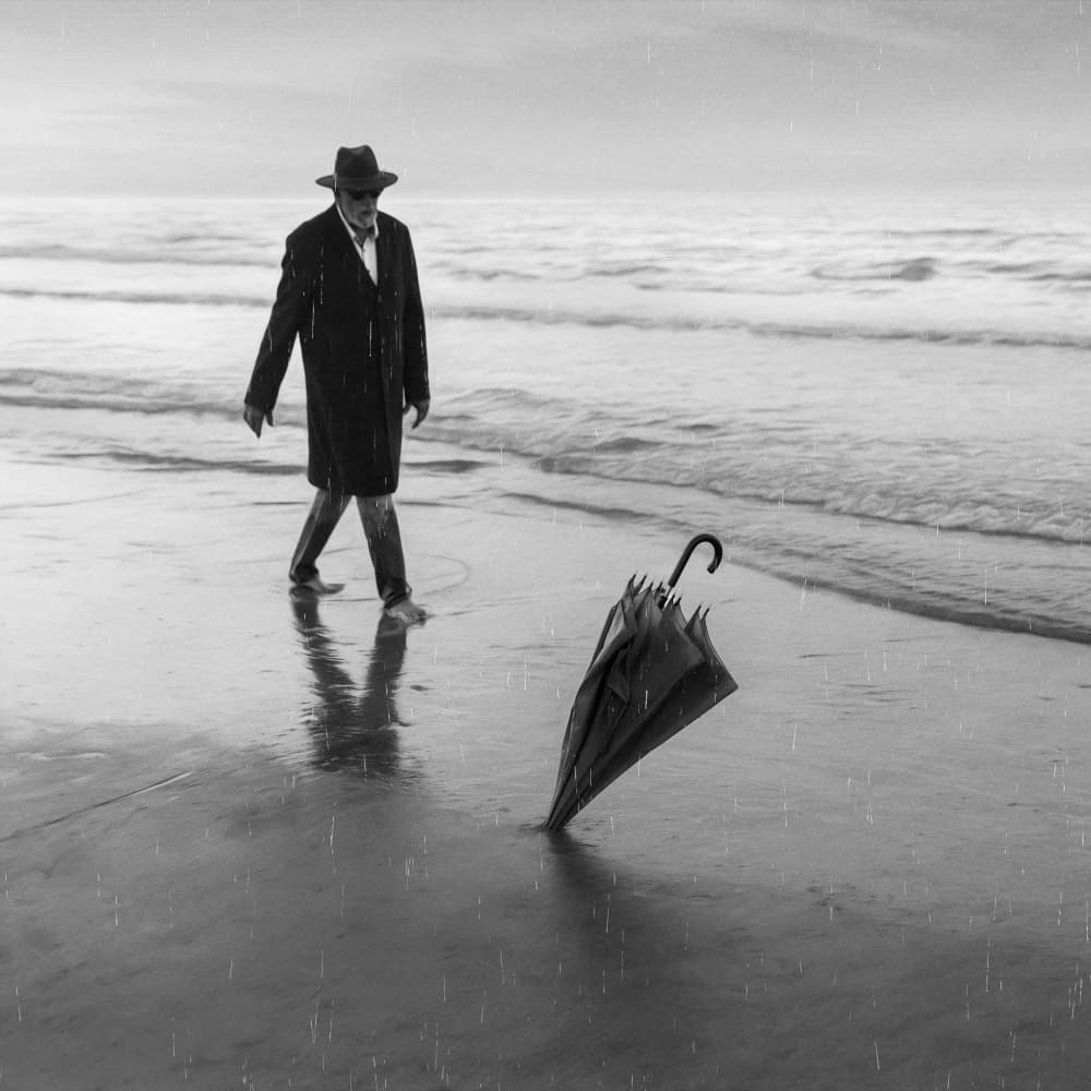 Solitary Man Rainy Beach by Roswitha Schleicher-Schwarz — canvas wall art