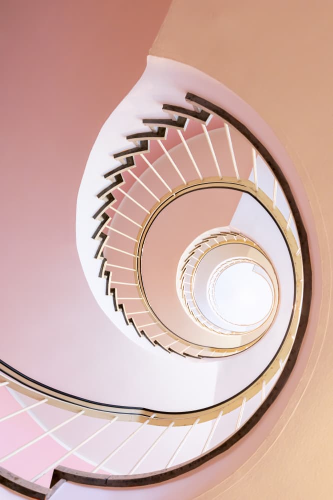 Winding Pink Spiral Staircase by Roswitha Schleicher-Schwarz — canvas wall art