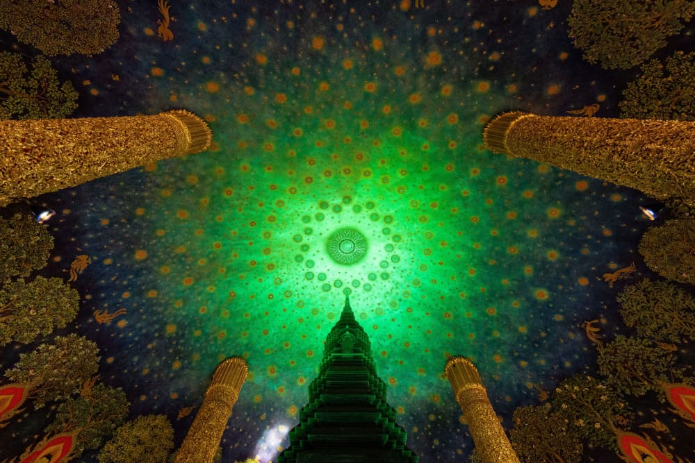 Green Lit Temple Ceiling by Hamza Qarooni — canvas wall art