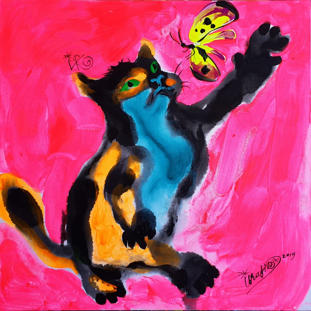Vibrant Cat Chasing Butterfly by Kanat Ibragimov — canvas wall art