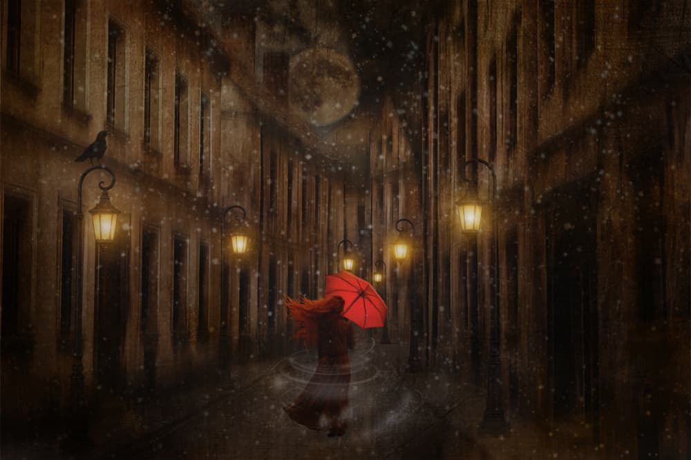 Rainy Night Red Umbrella by Ewa Całkosińska-Kajzer — canvas wall art