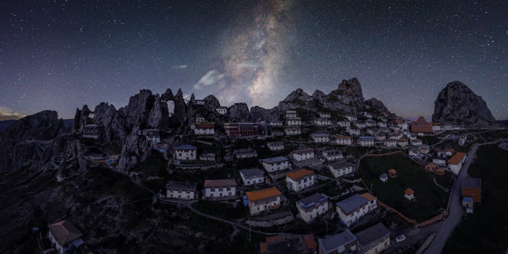 Starry Mountain Village Night by qiye — canvas wall art
