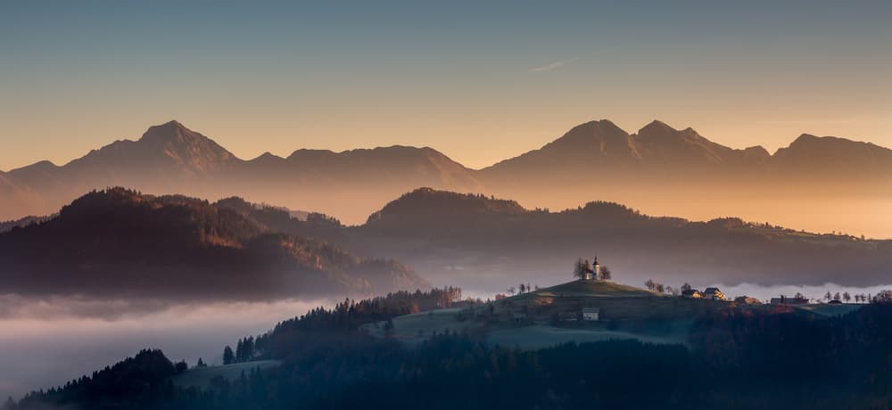 Misty Mountain Church Sunrise by Bor — canvas wall art