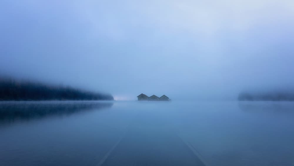 Misty Lake Cabins by Uschi Hermann — canvas wall art