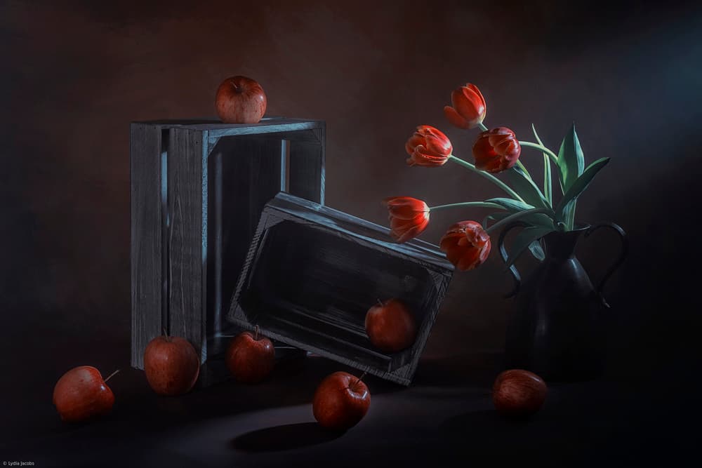 Dark Floral Fruit Still Life by Lydia Jacobs — canvas wall art
