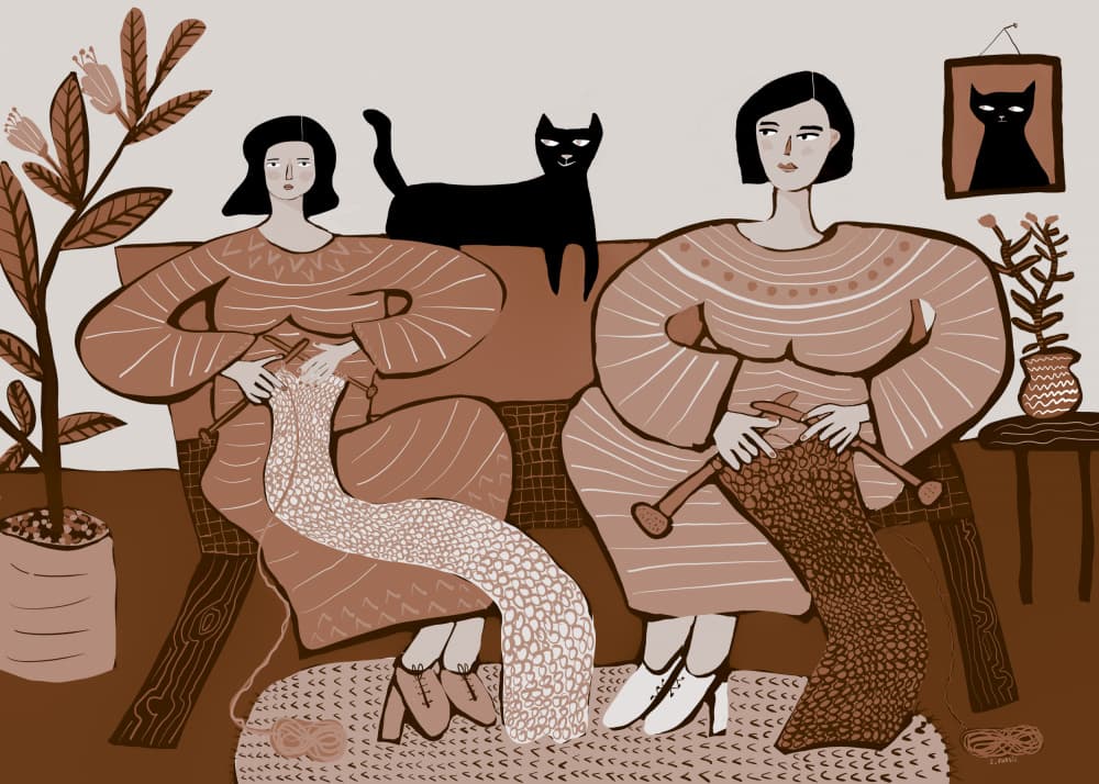 Women Knitting At Home by Sharyn Bursic — canvas wall art