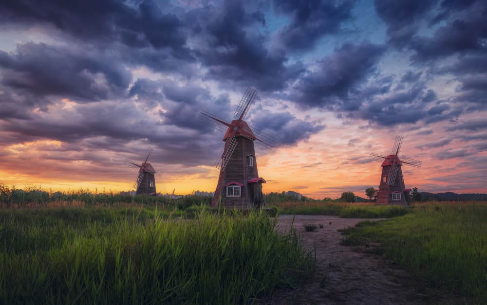Dramatic Sunset Windmills by Tiger Seo — canvas wall art