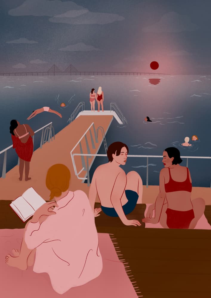 Evening Swim at Pier by Ida Alvarsson — canvas wall art