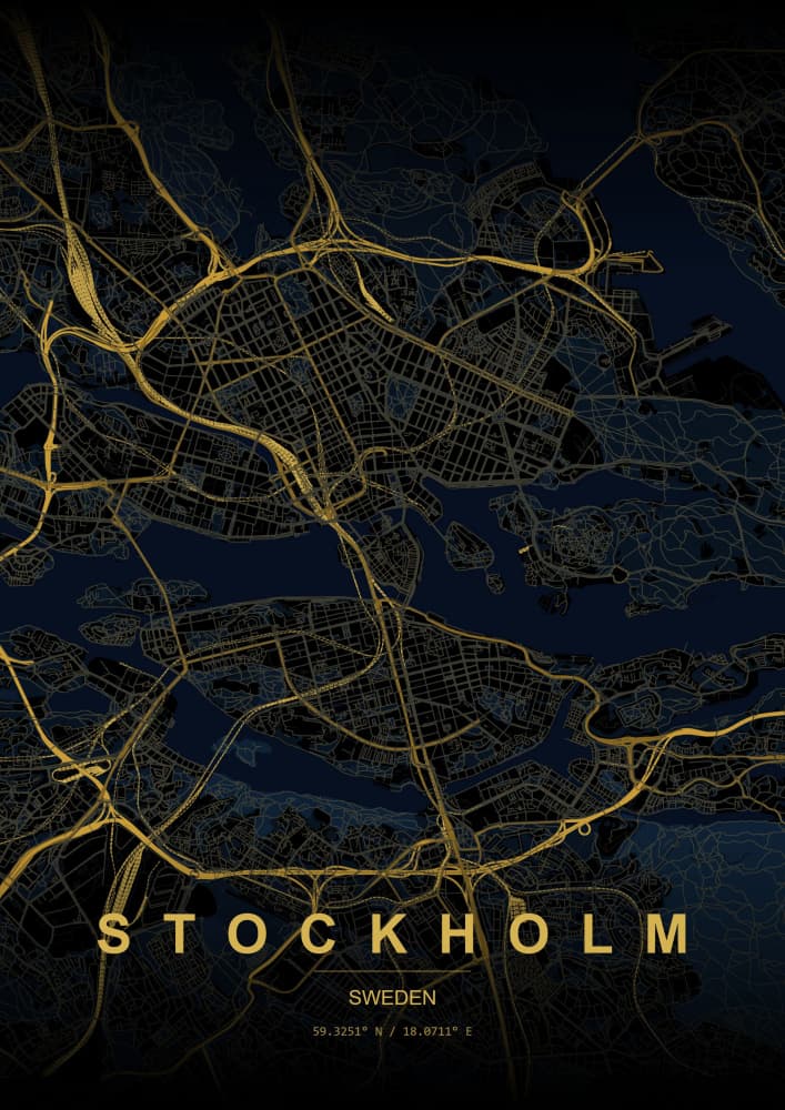 Golden Stockholm Map by HUGO — canvas wall art