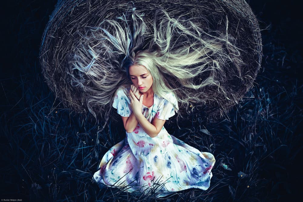 Blonde Woman on Hay by Ruslan Bolgov — canvas wall art