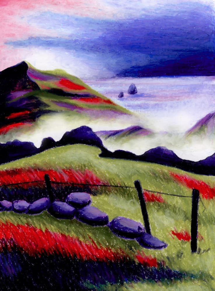 Red Hillside Coastal Mist by Julie Lesouef — canvas wall art