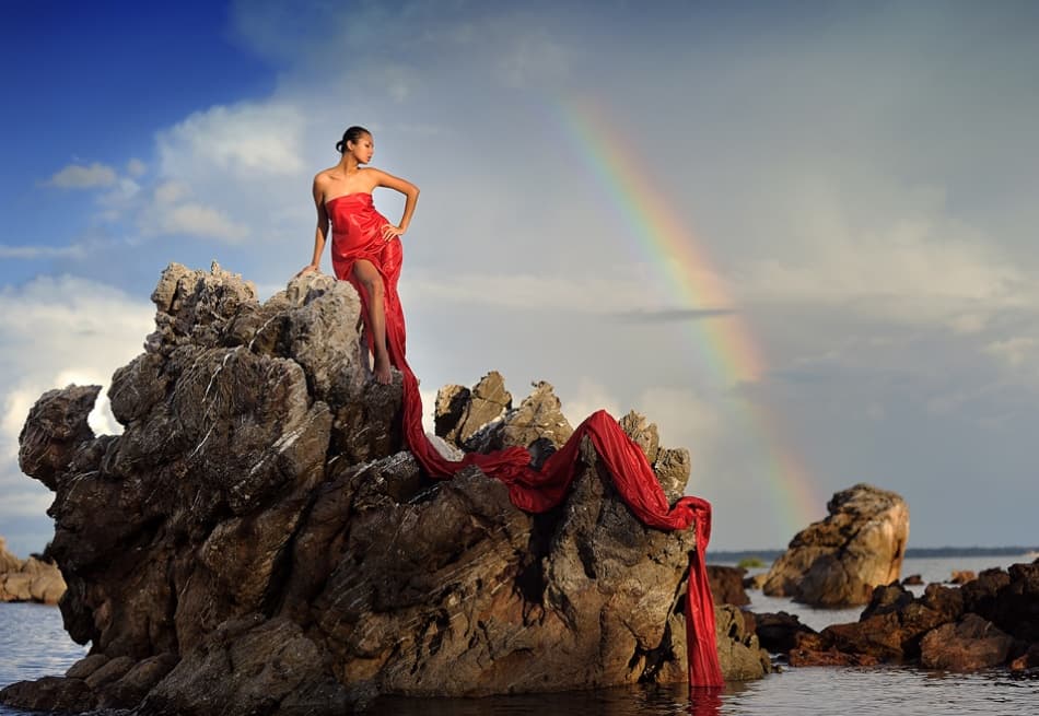 Woman Red Dress Rainbow by hardibudi — canvas wall art