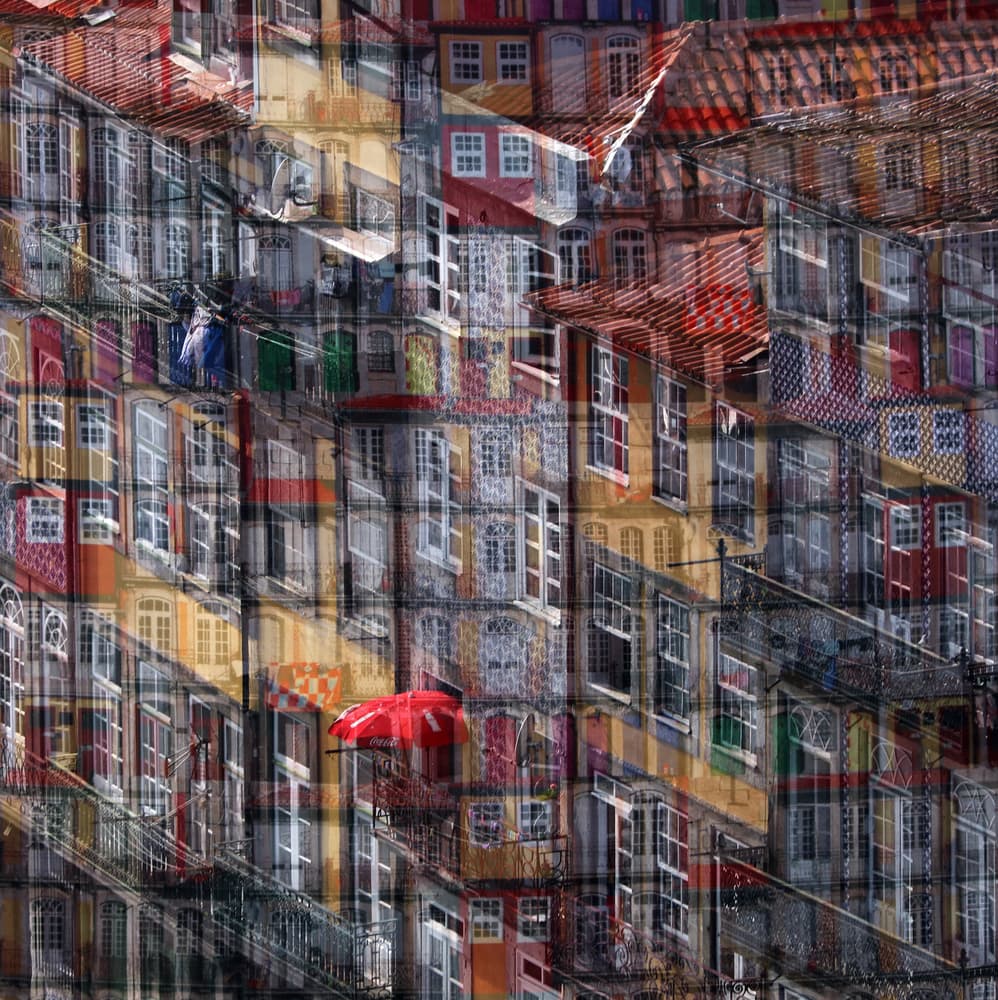 Red Umbrella Cityscape by Hans-Wolfgang Hawerkamp — canvas wall art