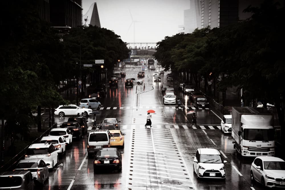 Red Umbrella City Street by Reiko kiri — canvas wall art