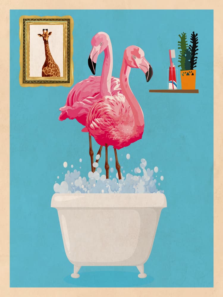 Flamingo Bubble Bath Fun by WallChart Art Studio — canvas wall art