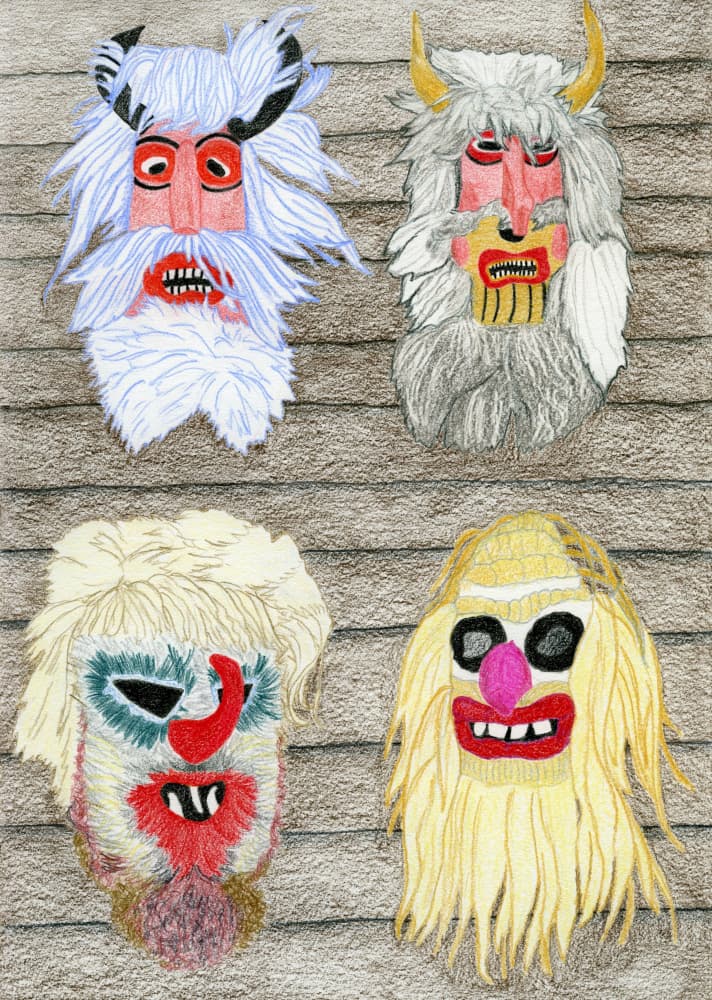 Folkloric Winter Masks by Viktoriia Saunina — canvas wall art