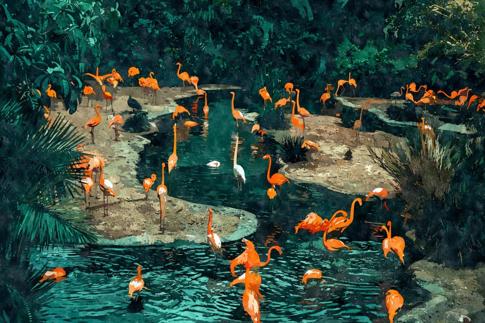 Flamingos in the Tropics by Uma Gokhale — canvas wall art