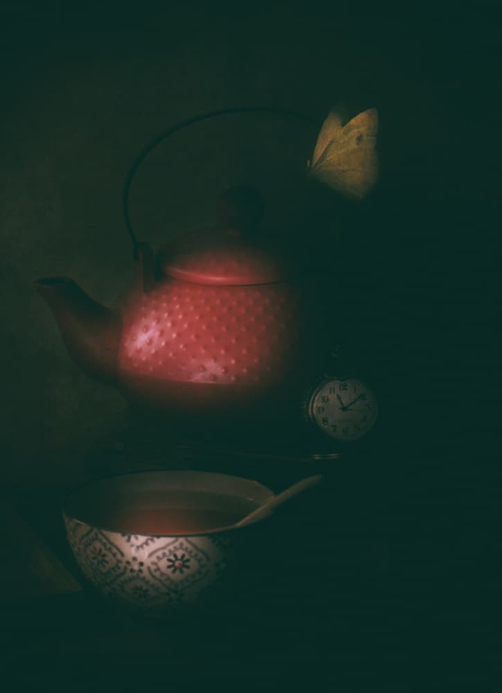 Red Teapot Butterfly Moment by Delphine Devos — canvas wall art