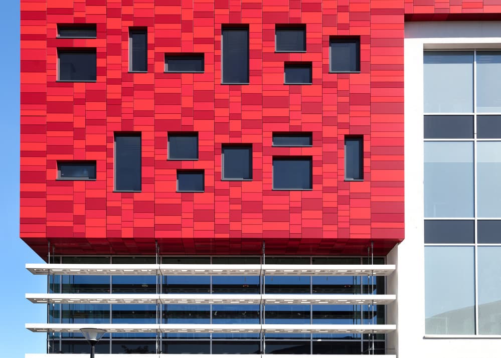Vibrant Red Geometric Facade by Theo Luycx — canvas wall art