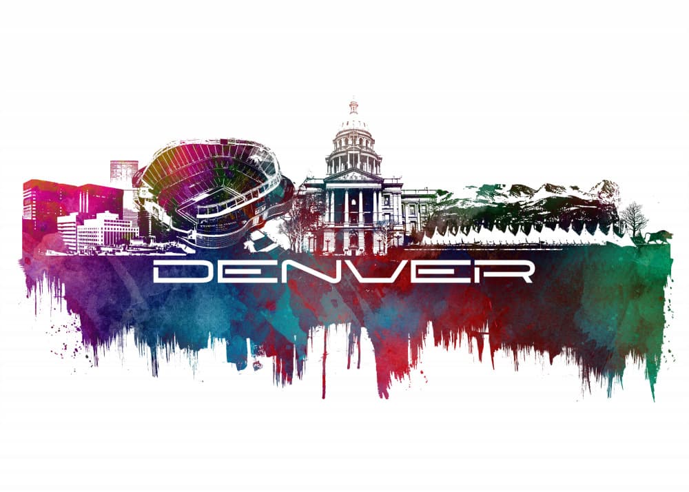Denver Skyline Watercolor by Justyna Jaszke — canvas wall art