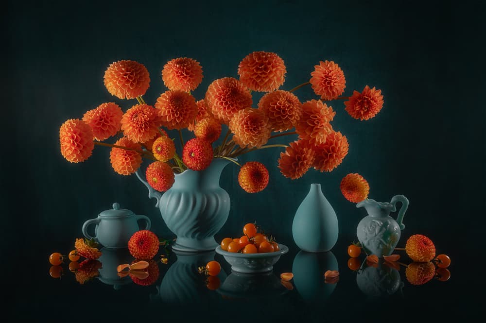 Orange Dahlias Still Life by Lydia Jacobs — canvas wall art