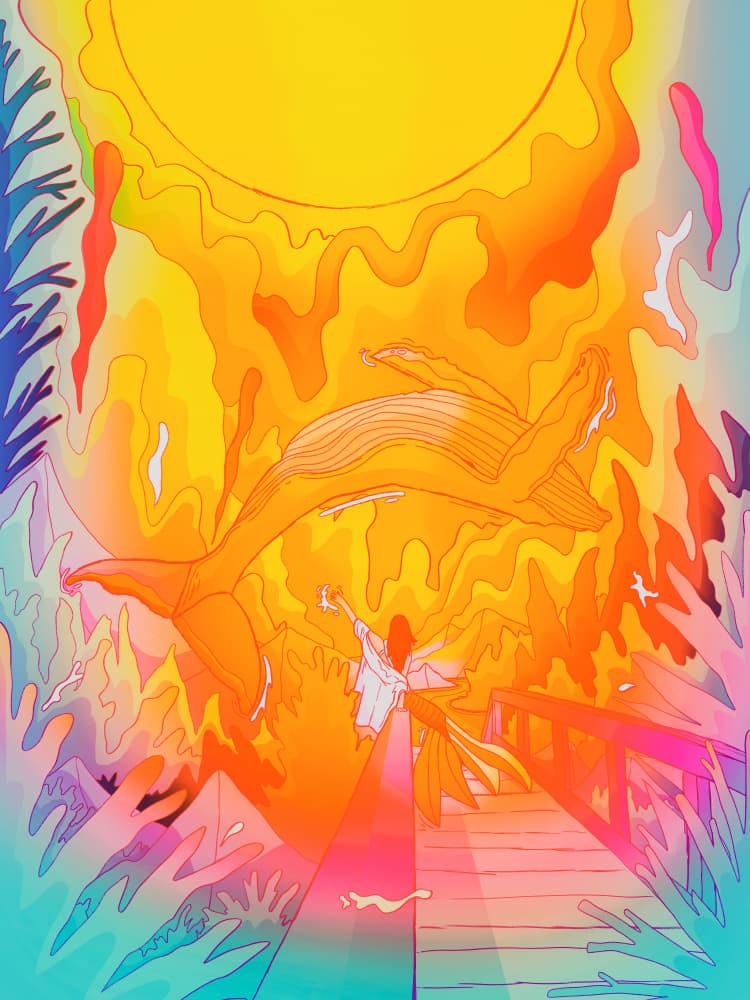 Golden Sun Whale Journey by Stephen Wade — canvas wall art