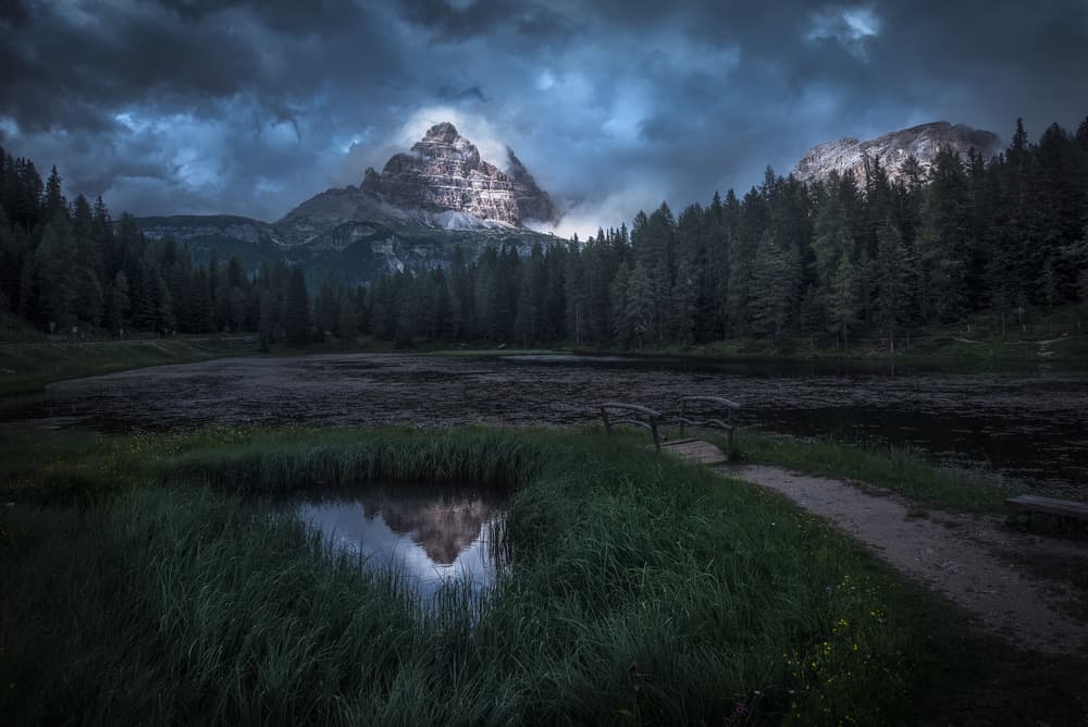 Moody Mountain Lake Reflection by Carlos F. Turienzo — canvas wall art