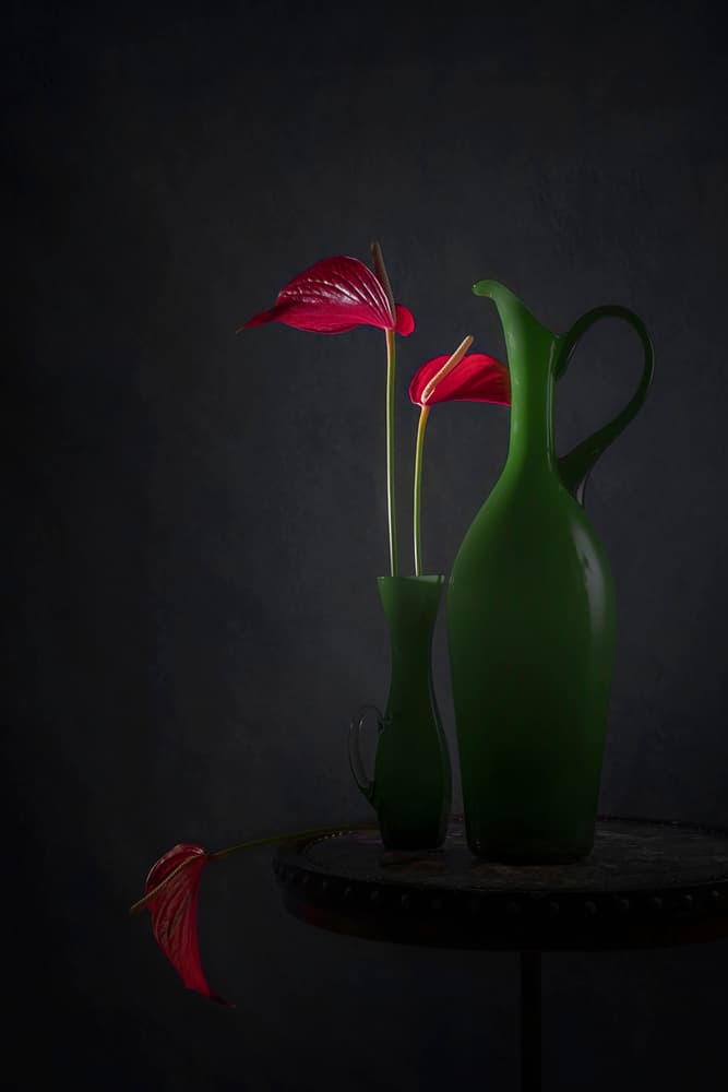 Red Anthuriums Green Vases by Lydia Jacobs — canvas wall art