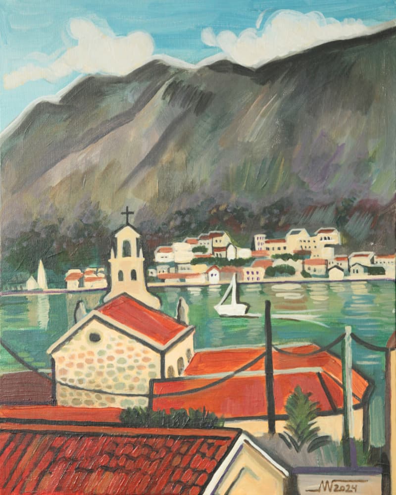 Red Roofs Coastal Village by Marina Gorkaeva — canvas wall art