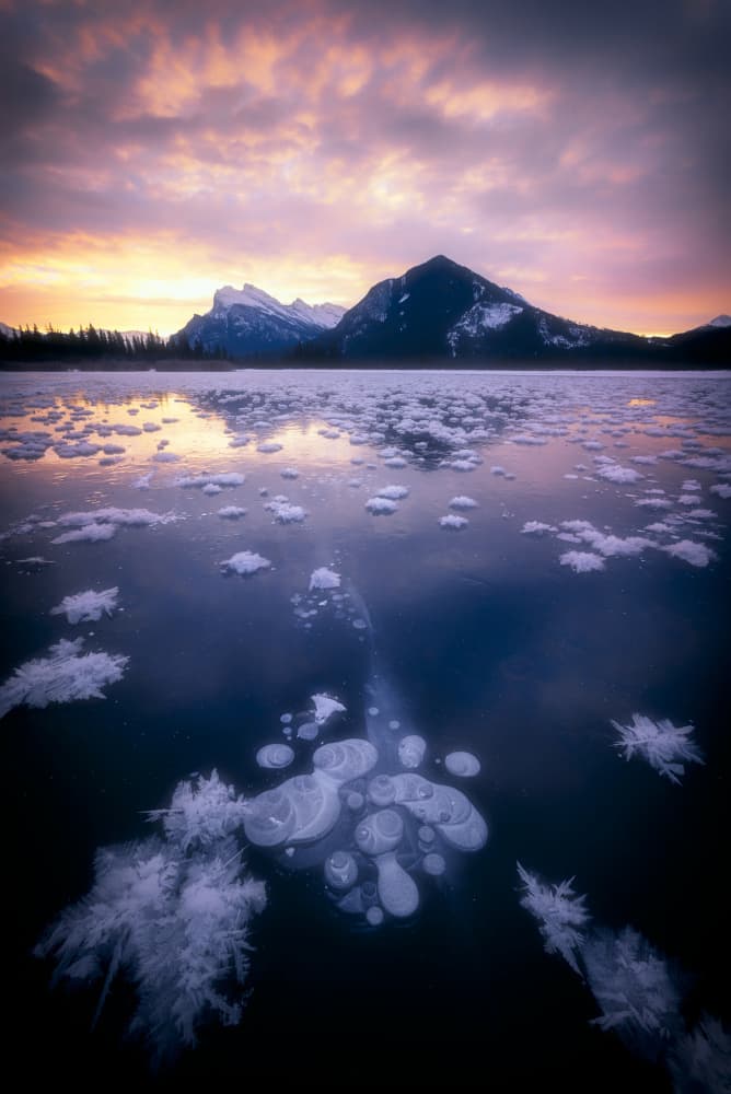 Frozen Lake Sunset Mountains by Jenny L. Zhang — canvas wall art