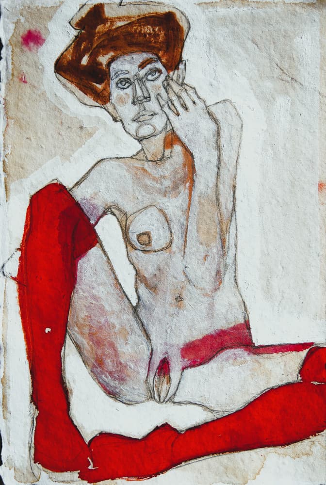 Seated Nude Red Socks by Doris Schmitz — canvas wall art