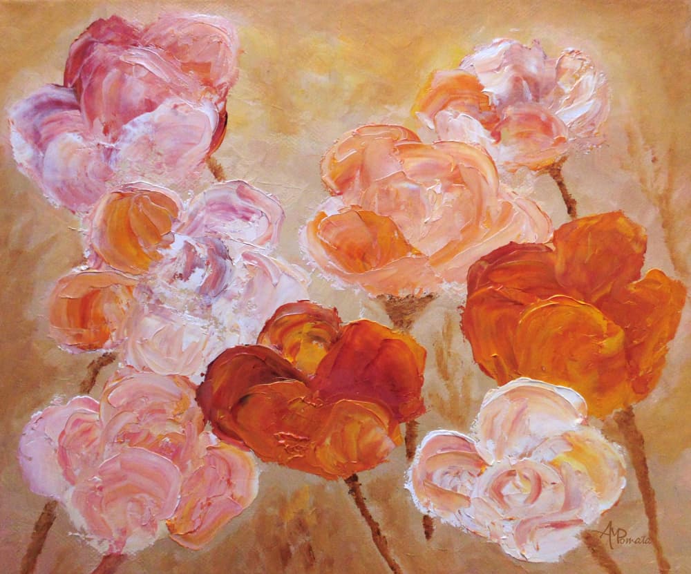 Pink Peach Impasto Flowers by Angeles M. Pomata — canvas wall art