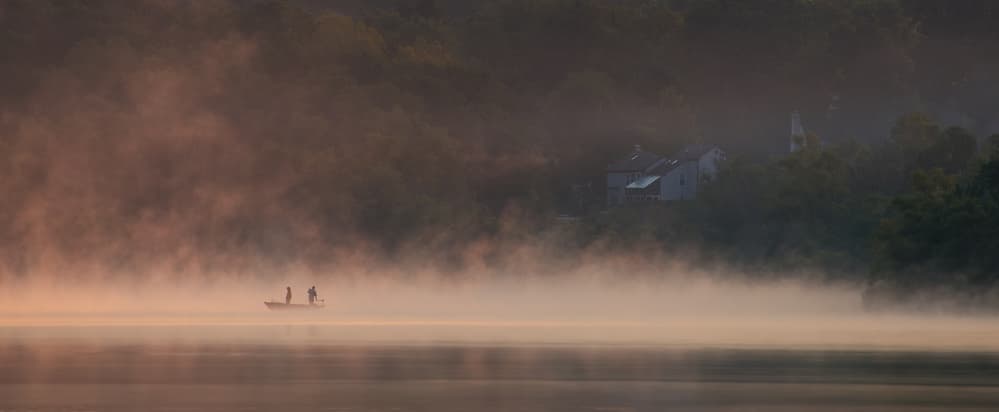 Misty Morning Lake Boat by 李从军 / Austin Li — canvas wall art