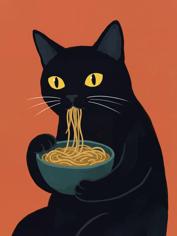 Funny Cat Eating Ramen by Andreas Magnusson — canvas wall art