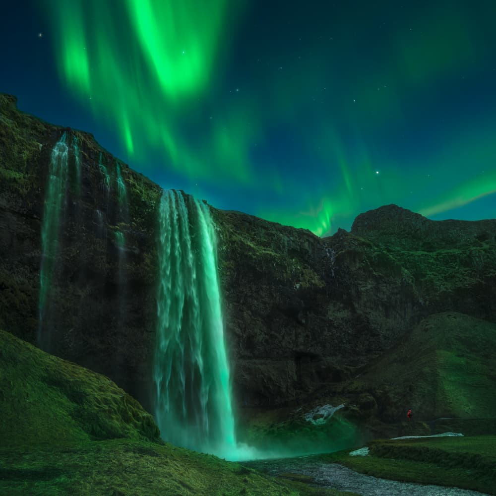 Majestic Aurora Waterfall by joanaduenas — canvas wall art