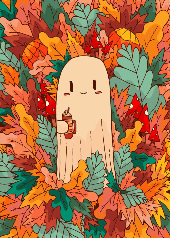 Cozy Ghost Autumn Drink by Stephen Wade — canvas wall art