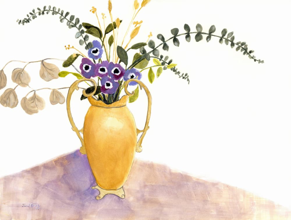 Golden Vase Purple Flowers by Janel Bragg — canvas wall art
