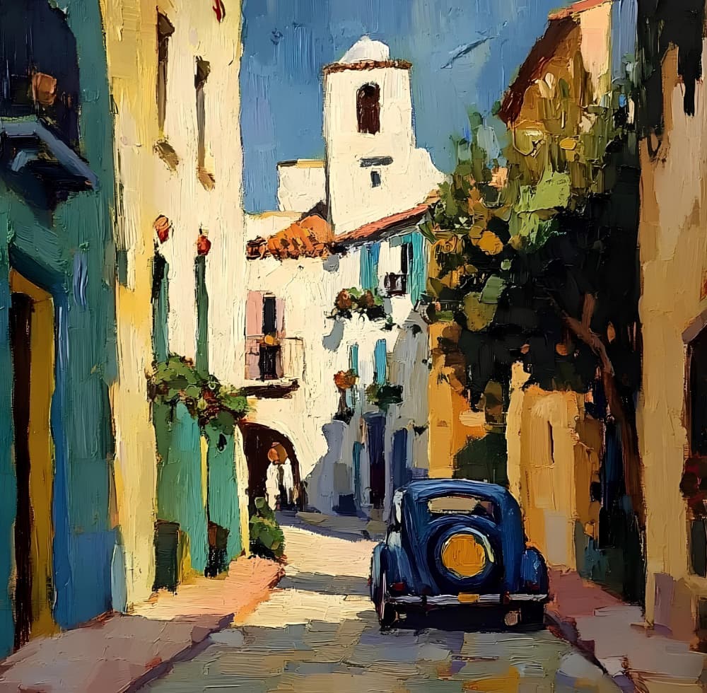 Sunny Village Blue Car by Avanesova Elena — canvas wall art
