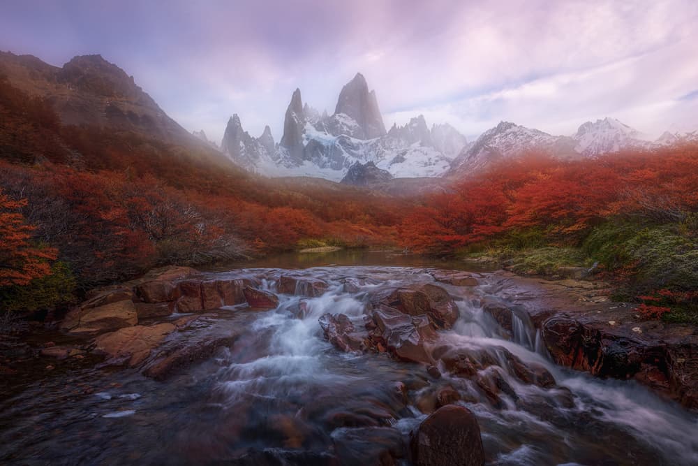 Fitz Roy Autumn Waterfall by Yun Thwaits — canvas wall art