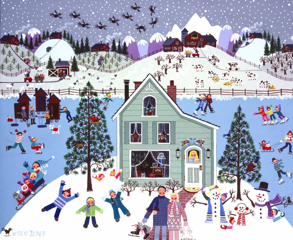 Joyful Winter Village Scene by Sev Ickes — canvas wall art