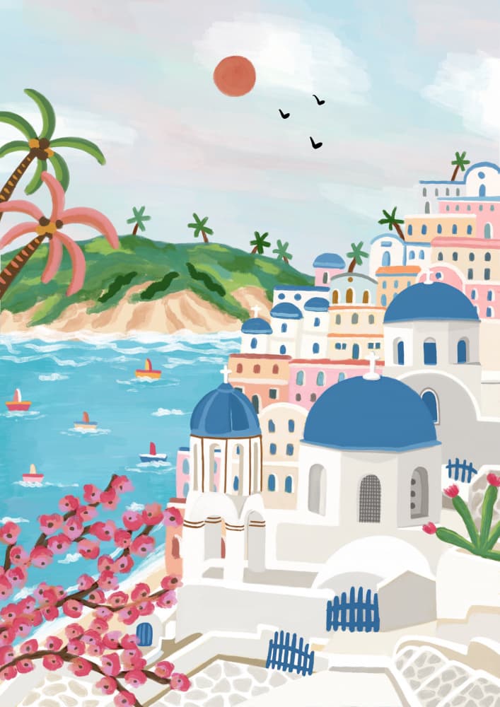 Santorini Coastal Charm by Nidhi Kachhadiya — canvas wall art