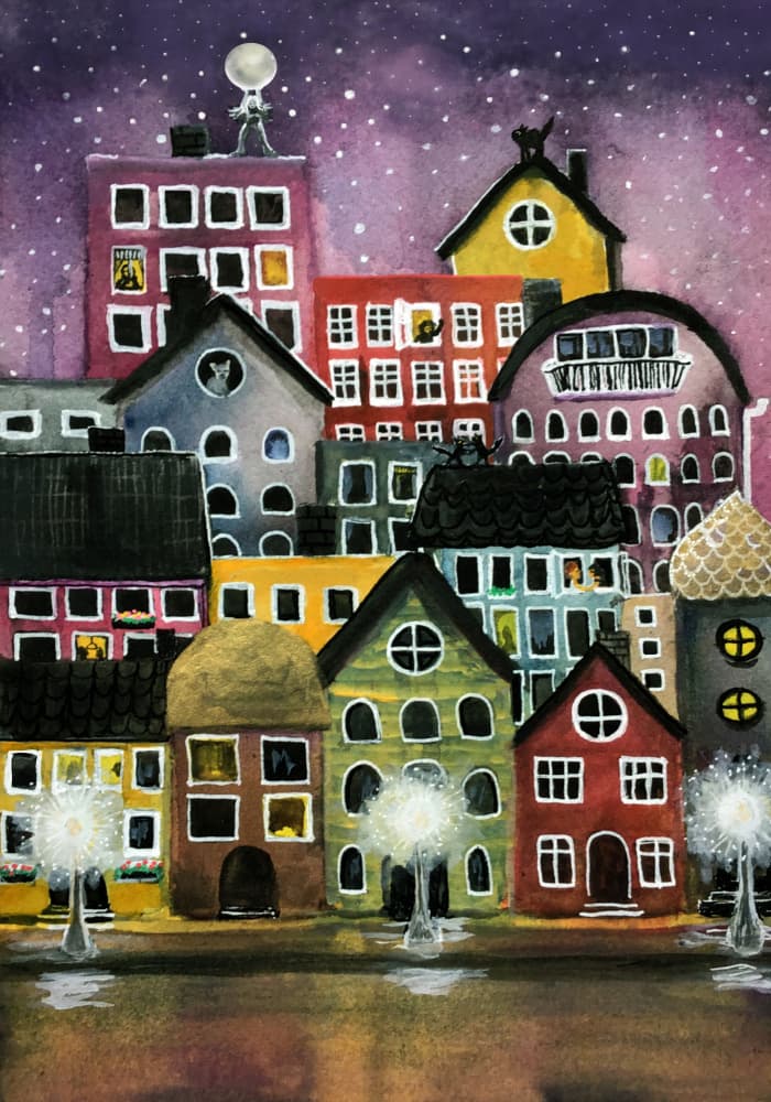 Whimsical City Night by Monica Lindblom — canvas wall art