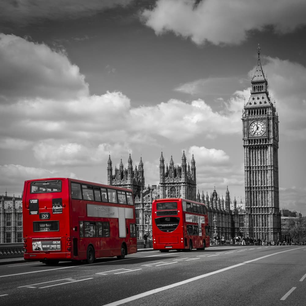 London Big Ben Red Buses by Melanie Viola — canvas wall art