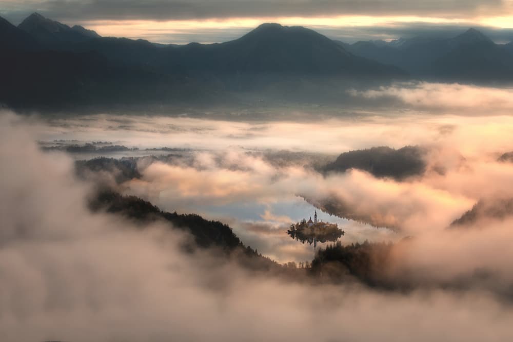 Lake Bled Misty Sunrise by Milan Malovrh — canvas wall art