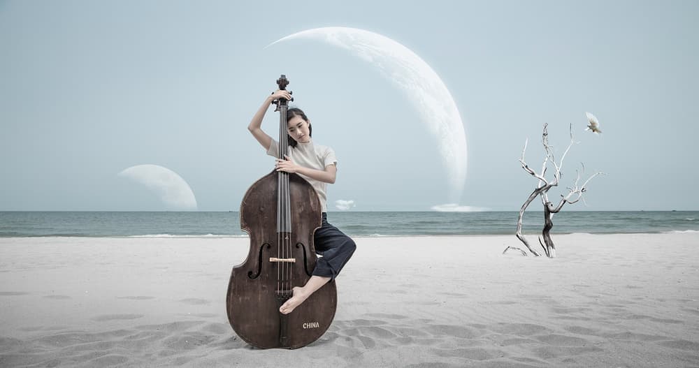 Woman Musician Beach Moons by Bingo Z — canvas wall art