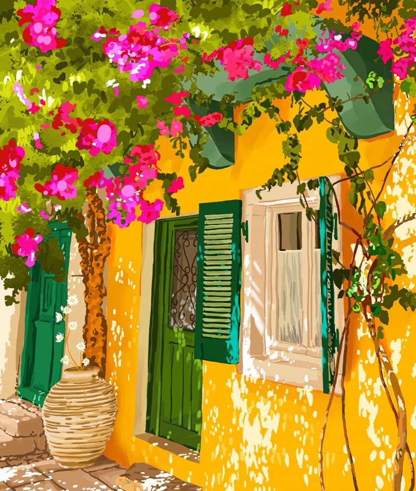 Sunny Mediterranean Bougainvillea by Uma Gokhale — canvas wall art