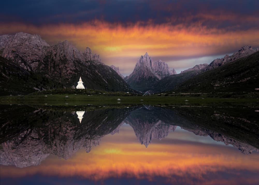 Vibrant Sunset Stupa Reflection by Simoon — canvas wall art