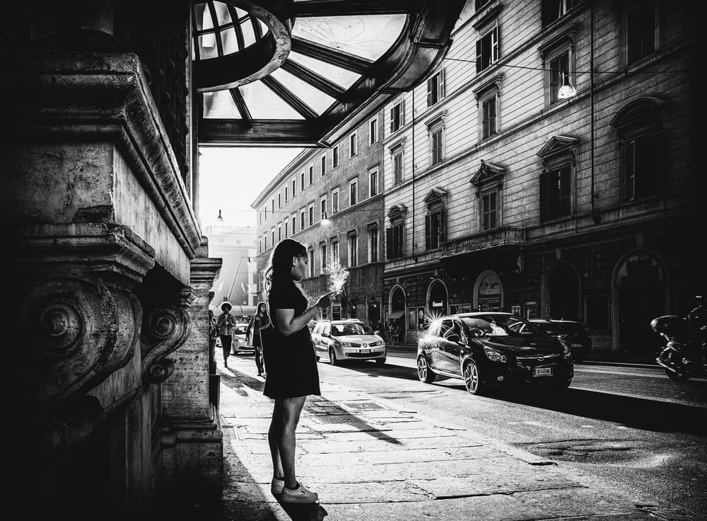 Smoking Woman City Street by Massimiliano Mancini — canvas wall art